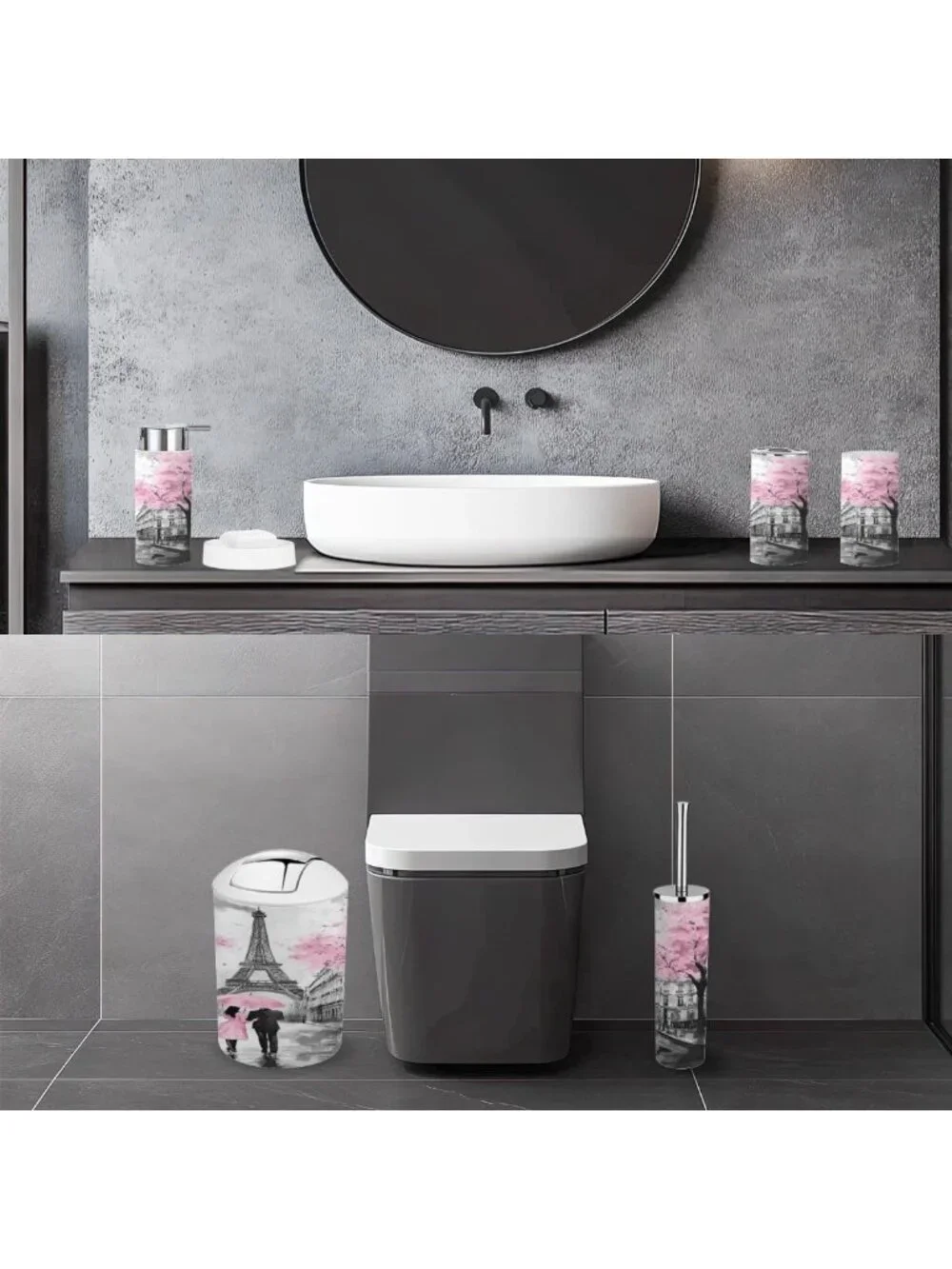 Chic 6-Piece Bathroom Accessory Set - Modern Parisian Design, Black & Pink Decor